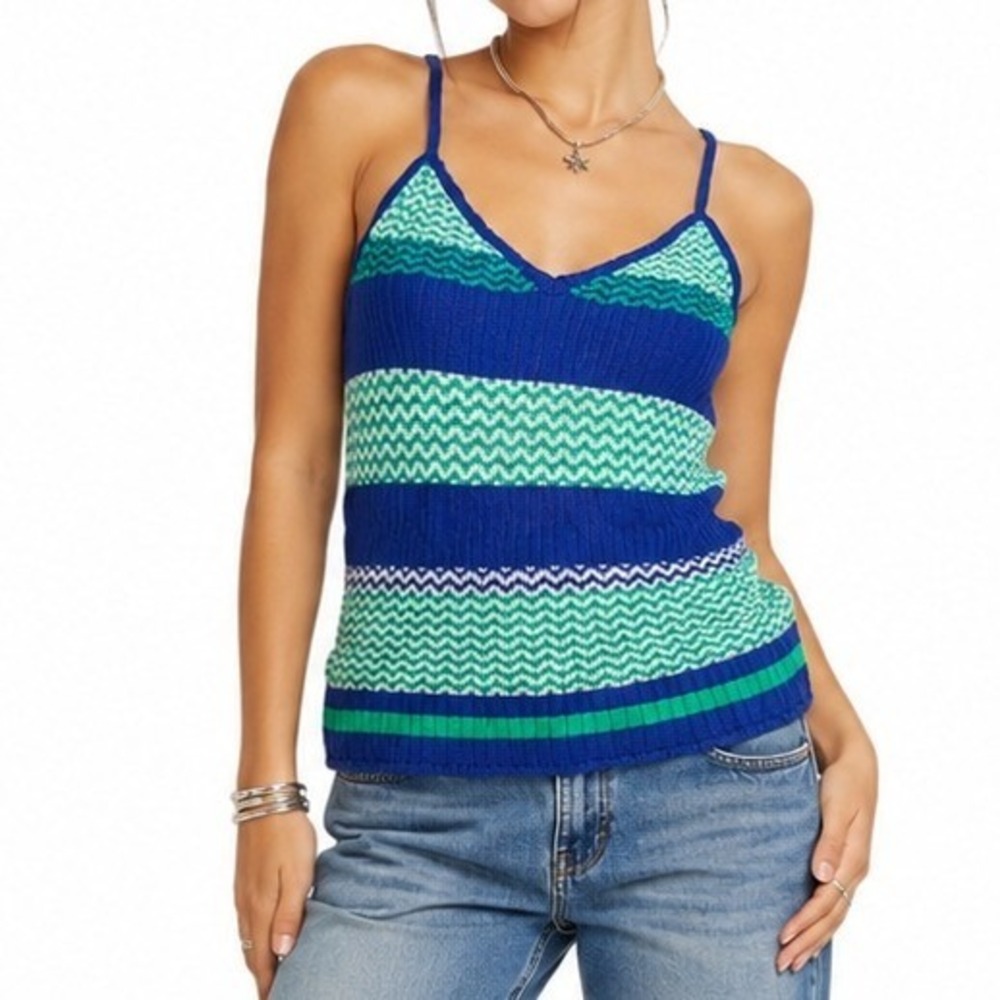 Knit Camisole Women L Blue Striped Chevron Tank Top Resortwear Boho Coastal New
